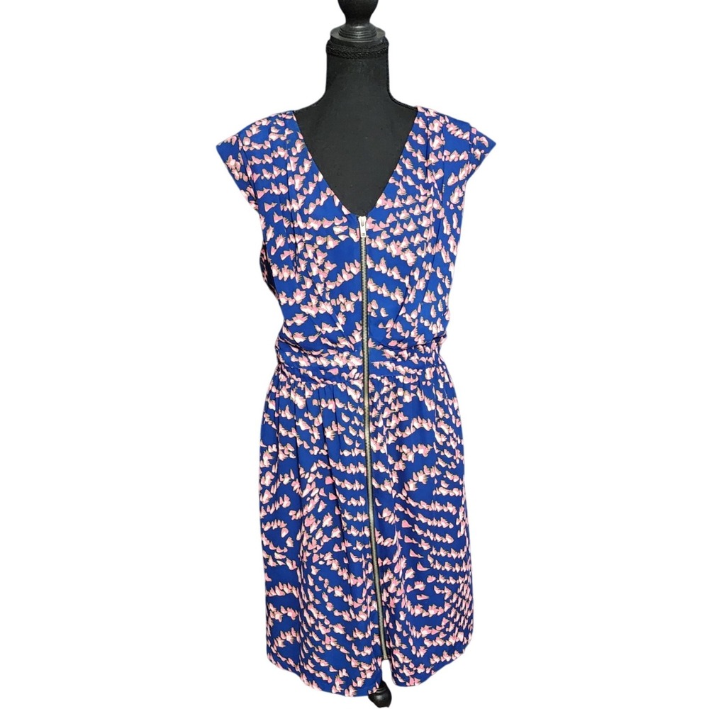Forever 21 Blue & Pink Abstract Fit & Flare Full Front Zip Chic V Neck Dress 2X